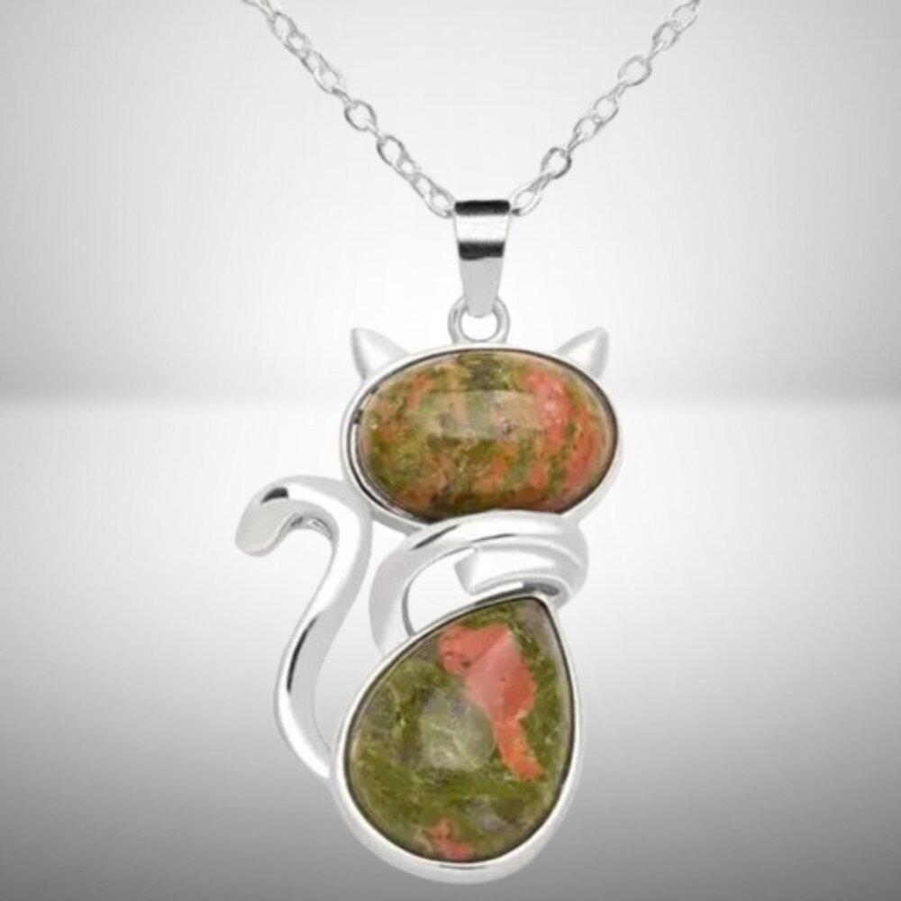 Unakite Natural Stone Cute Cat Pendant Necklace - Picture 4 of 4